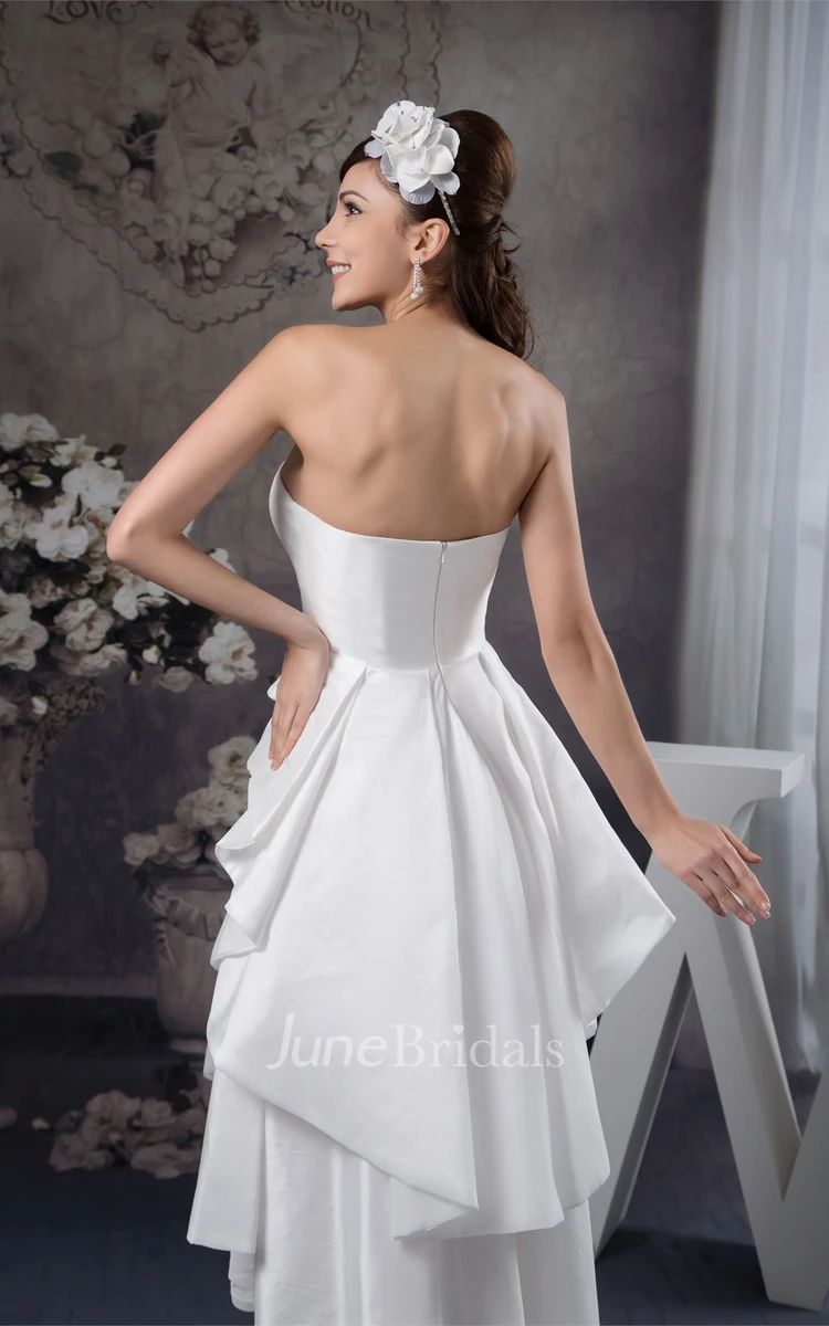 Strapless High-Low Satin Gown with Draped Design