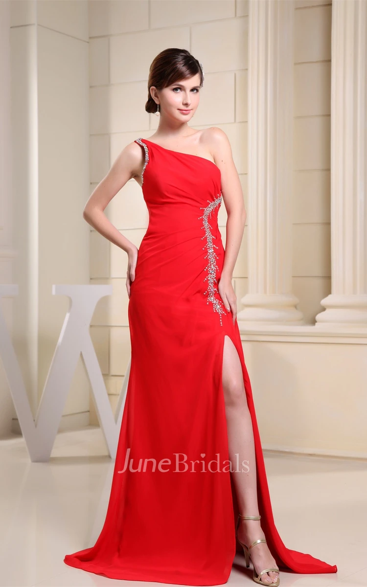 One-Shoulder Ruched Chiffon Long Dress with Front Slit and Appliques