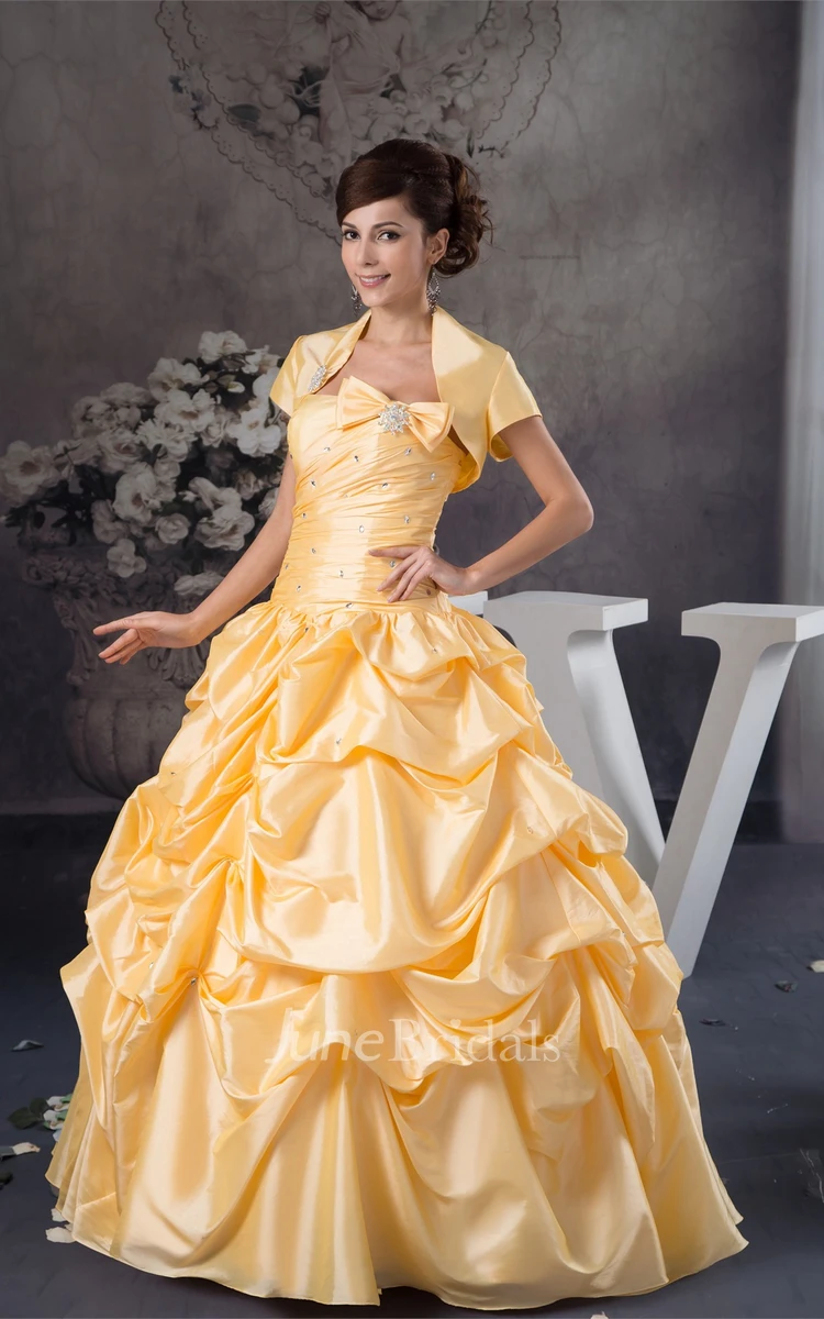 Strapless Ruched Pick-Up Ball Gown with Bow and Bolero