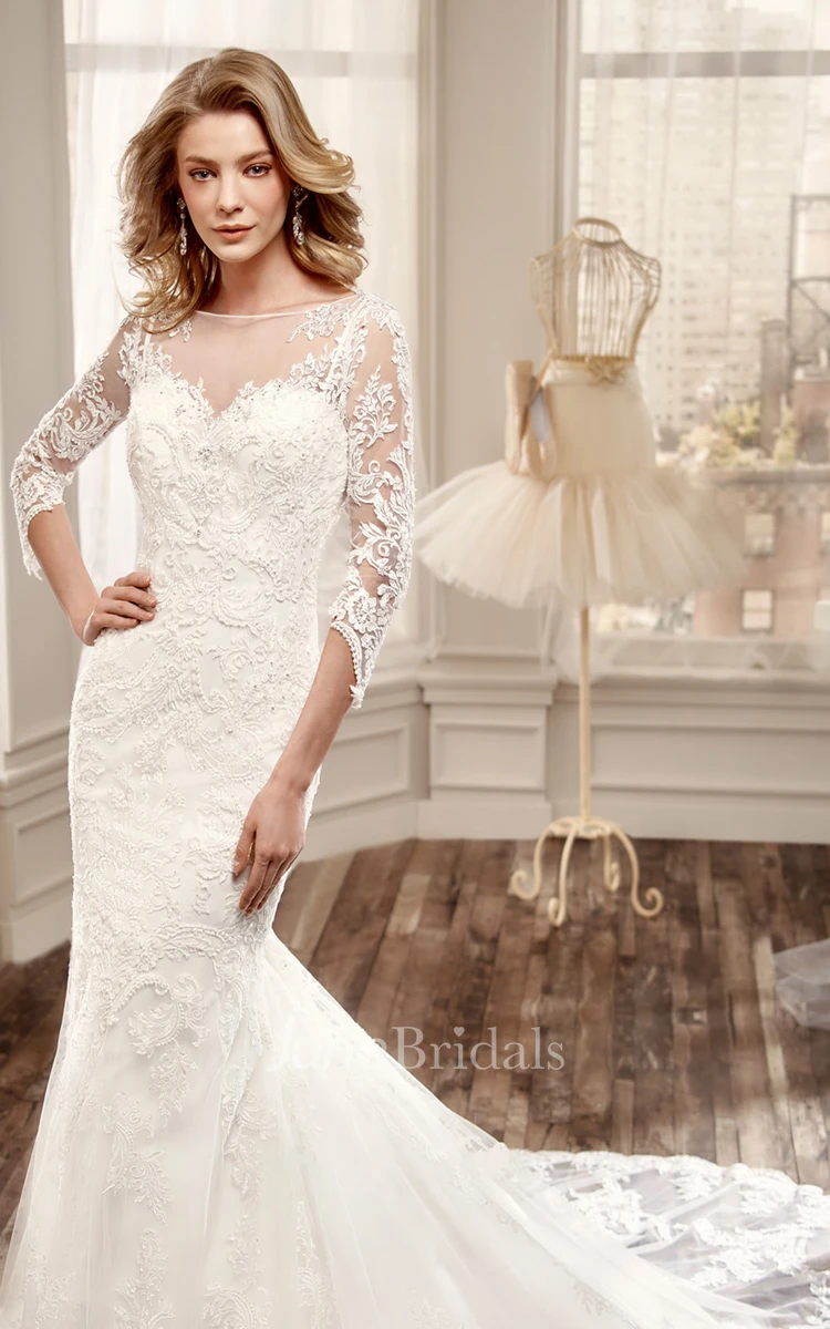 3-4-Sleeve Mermaid Lace Wedding Dress With Illusion Back And Court Train