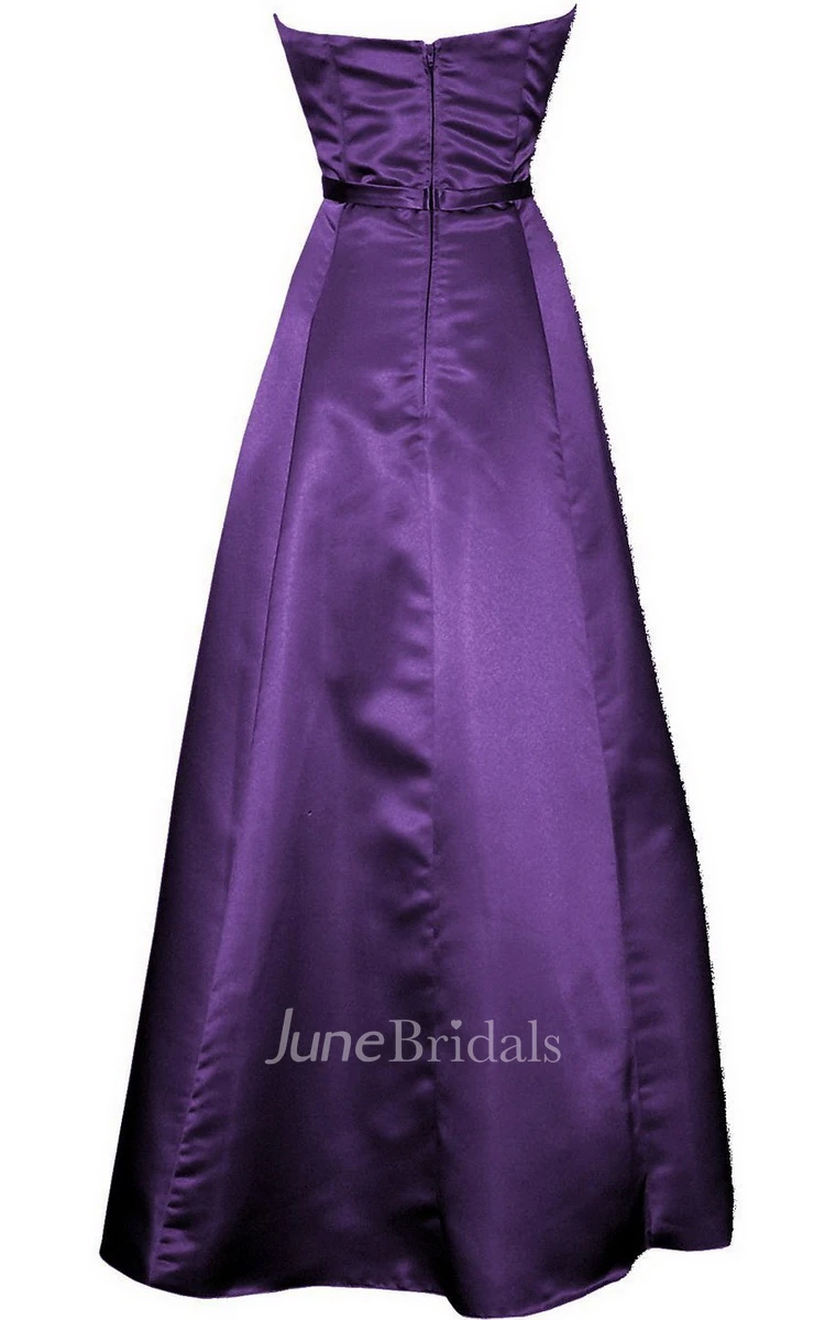 Strapless Long Satin Dress With Sash and Ruching