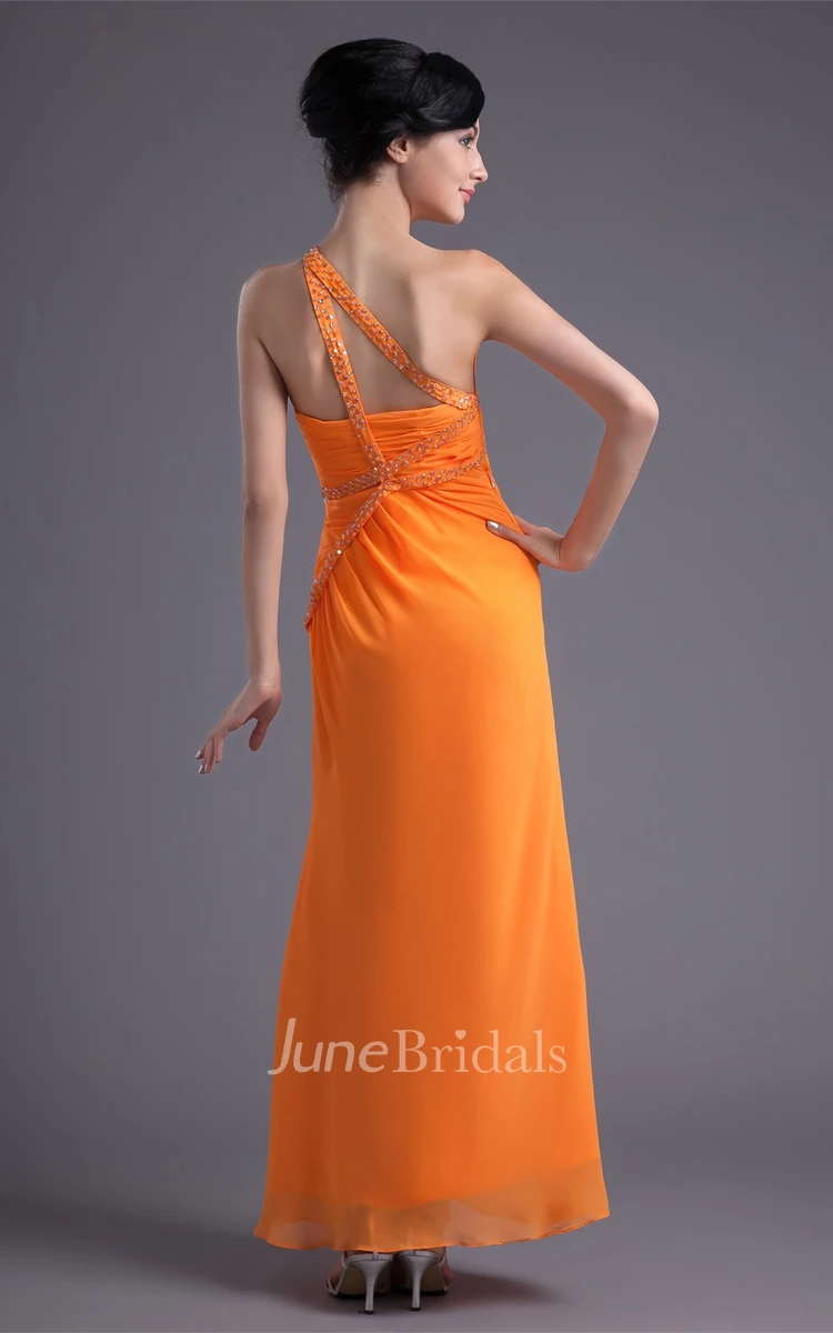 One-Shoulder Chiffon Front-Split Dress with Jewels