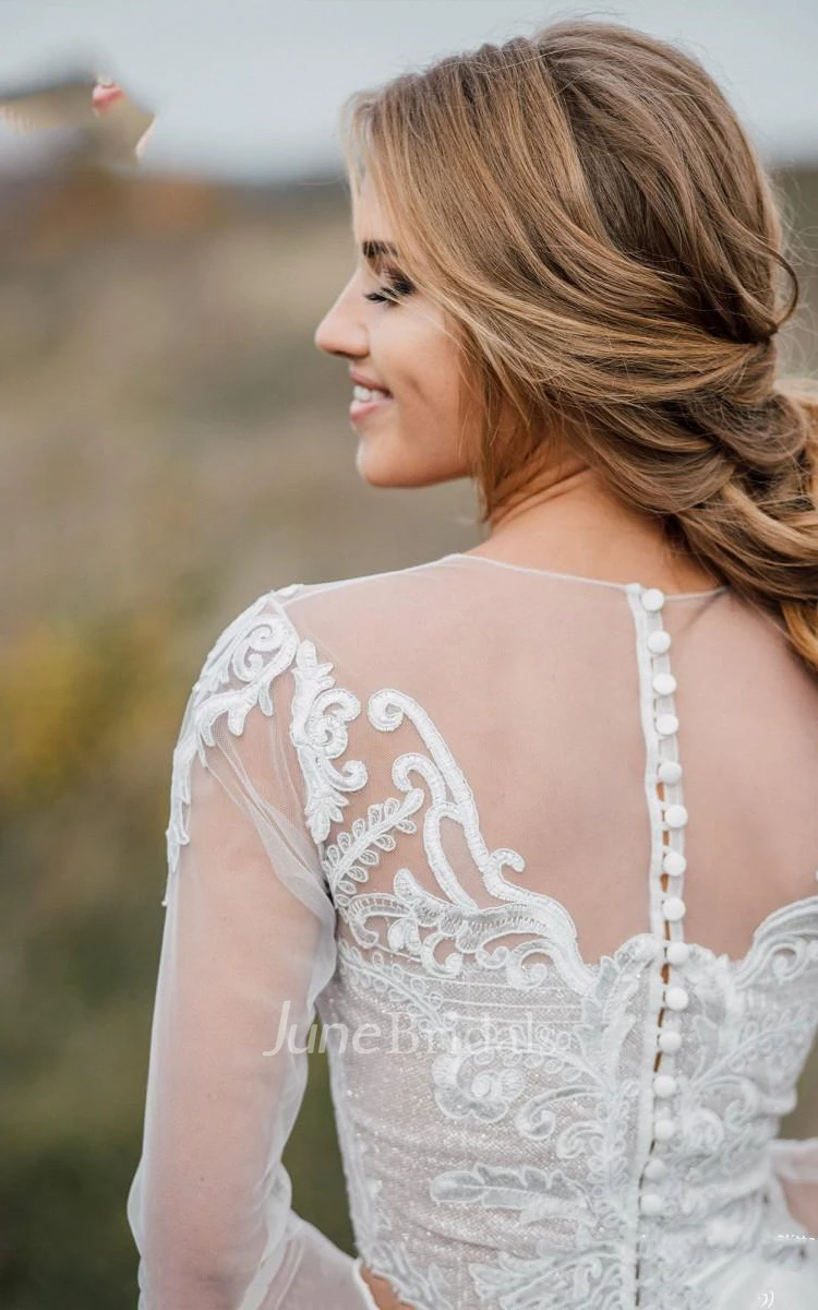 Glamorous Bohemian Illusion Sleeves Lace Two Piece Court Train Wedding Dress