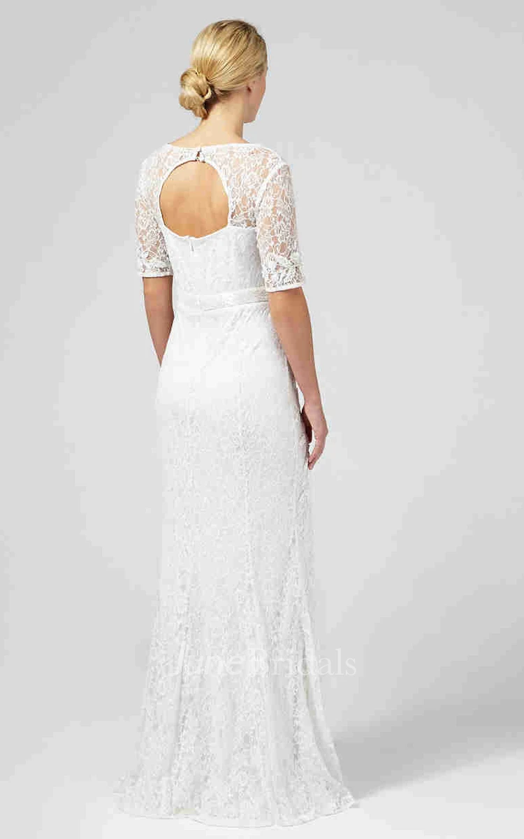 Sheath Half-Sleeve Scoop-Neck Lace Wedding Dress With Keyhole