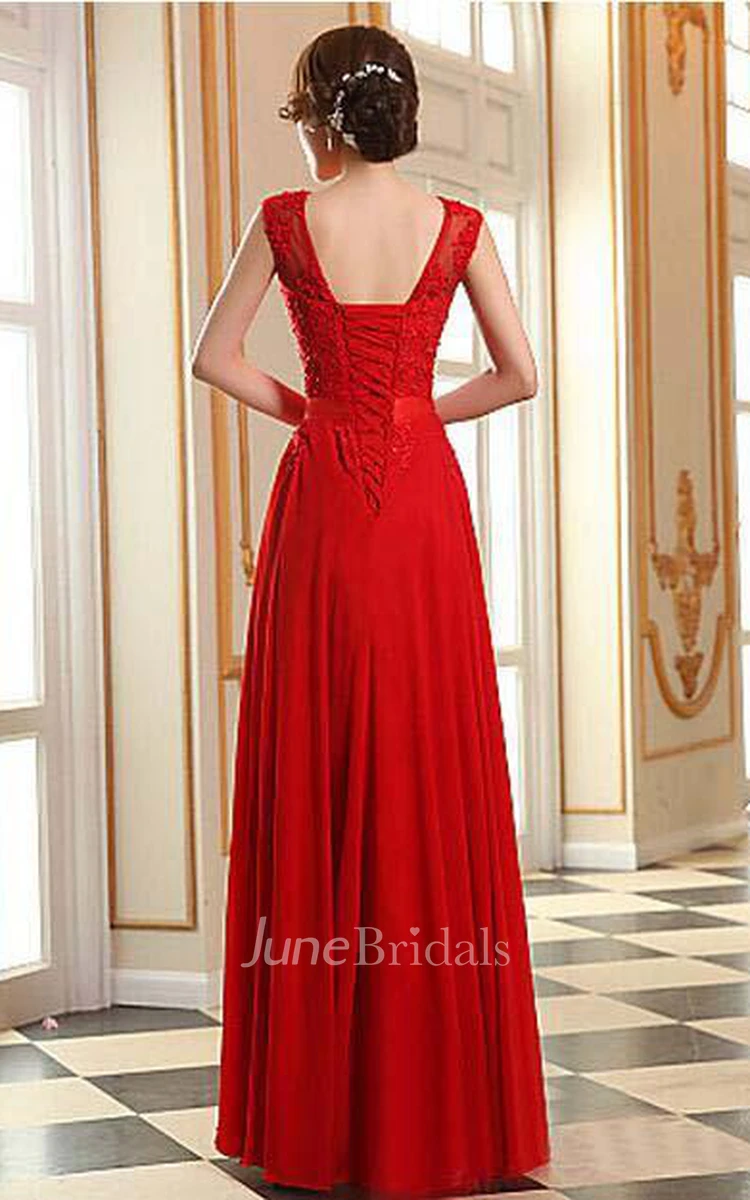 Sexy A-line Jewel Chiffon Prom Dress Lace Appliques