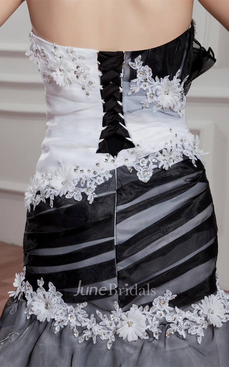 Black-And-White Tiered A-Line Gown with Flower and Rhinestone