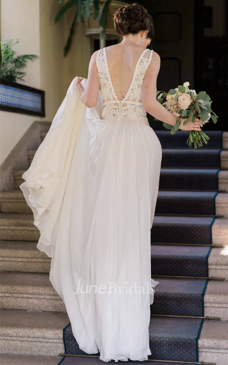 Modern A Line Plunging Neck Chiffon Lace Wedding Dress with Pleats