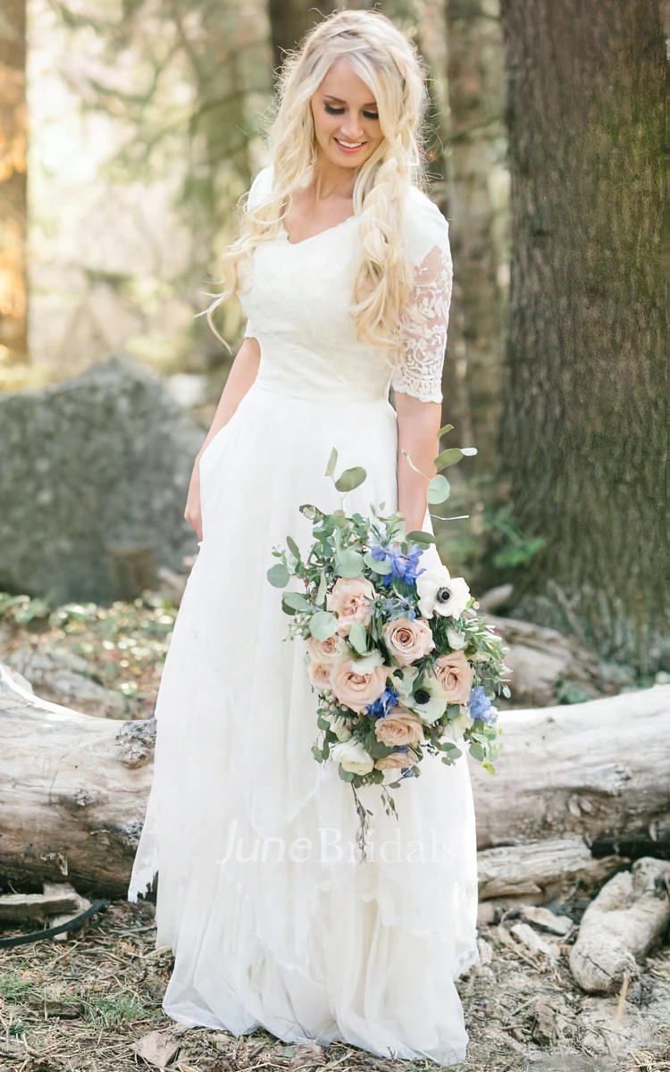 Rustic Country Modest Mature Floor Length V Neck Half Sleeves Multi-Layer Lace Wedding Dress