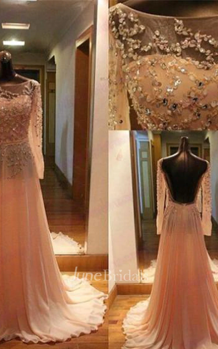 Gorgeous Long Sleeves Beadings Prom Dress Chiffon Long Party Gown