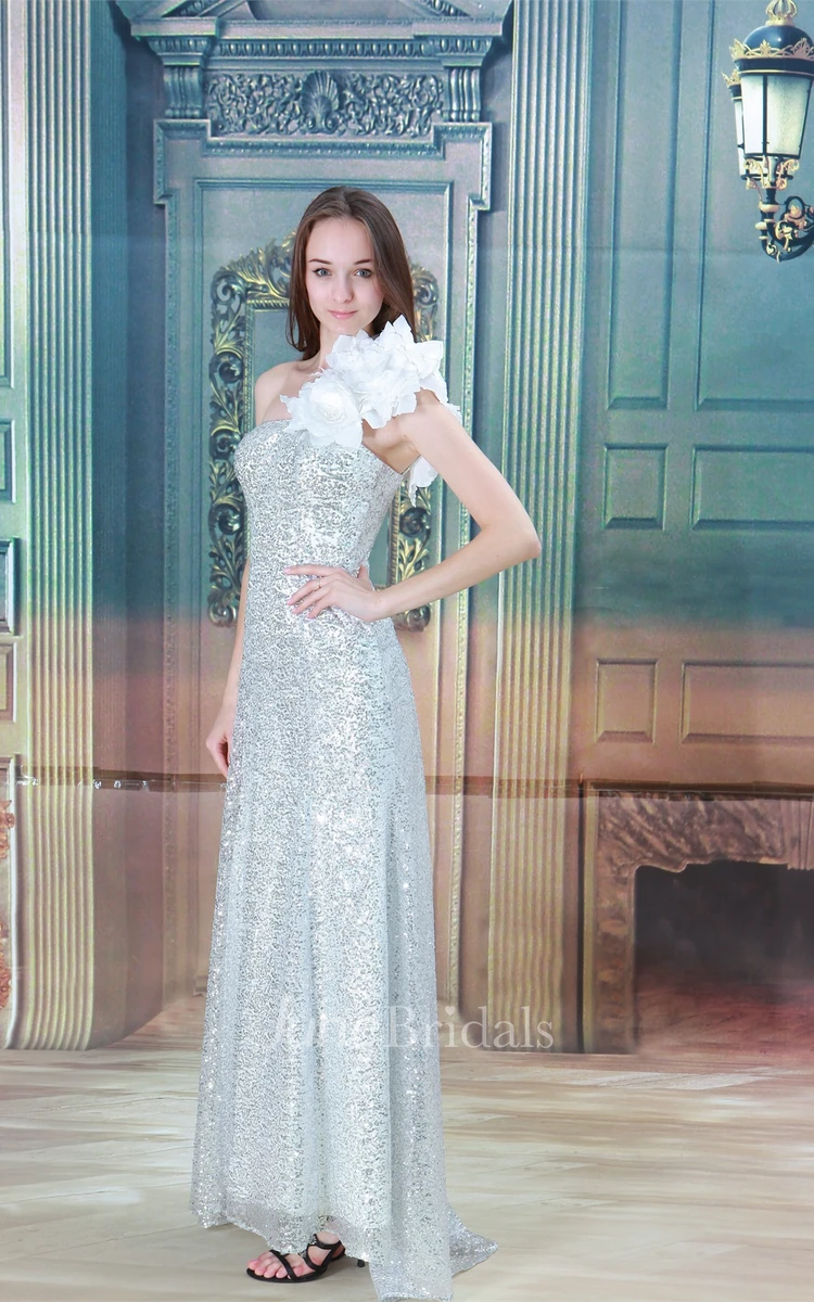 sequined ankle-length one-shoulder dress with flower