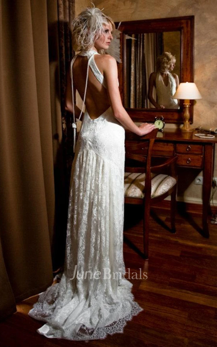 High Neck Sleeveless Lace Pleated Split Front Backless Wedding Dress