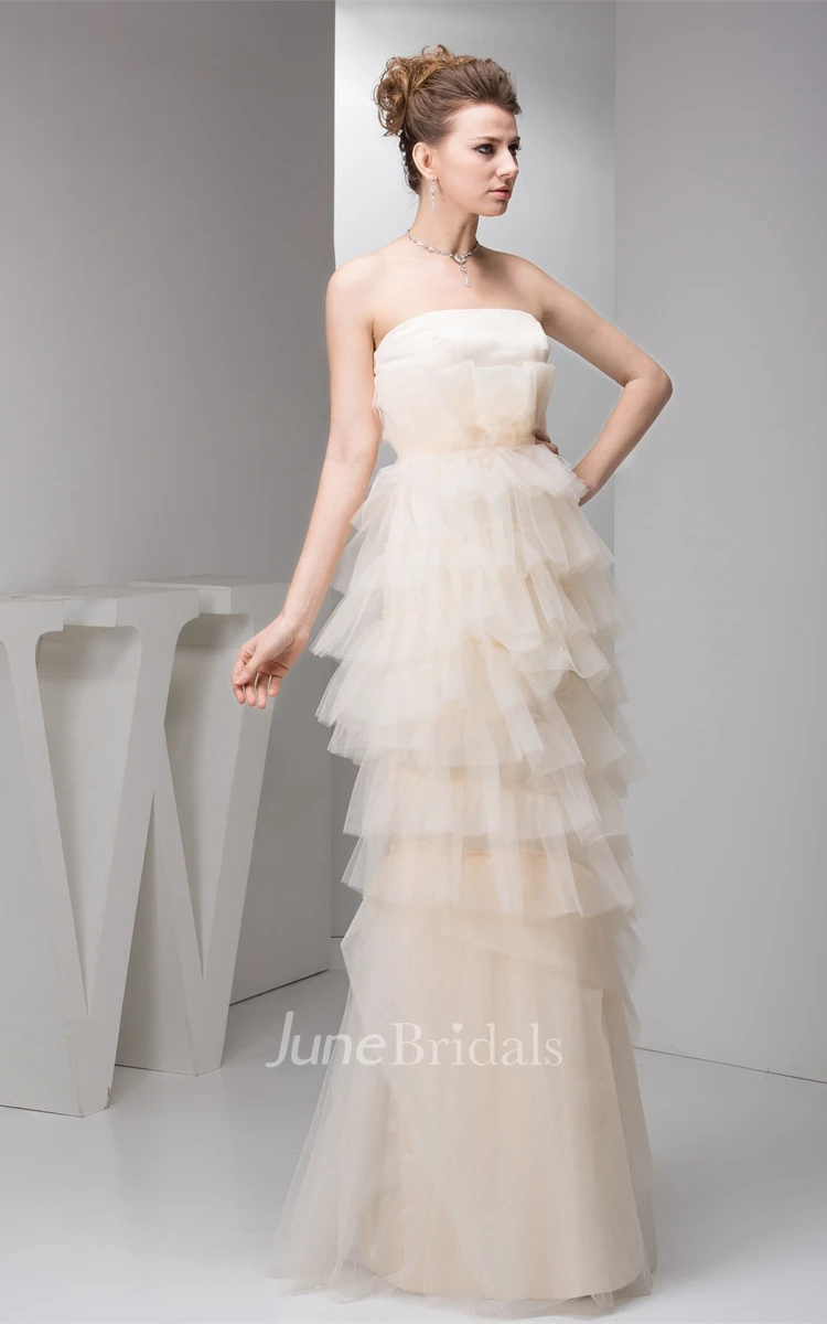 Strapless Tulle Maxi Dress with Tiers and Pleats