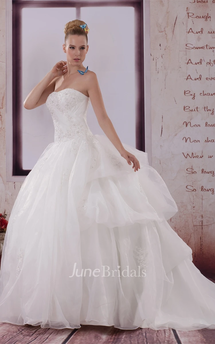 Strapless Appliqued Ball Gown with Ruching and Corset Back