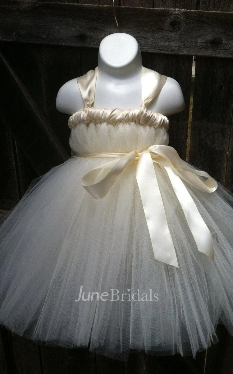 Strapped Tulle&Satin Dress With Flower&Sash Ribbon
