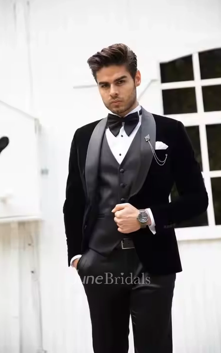 Classic Black 3-Piece Velvet Wedding Tuxedo for Men Formal Winter Slim Fit Suits Blazer Jacket Vest Pants for Groom