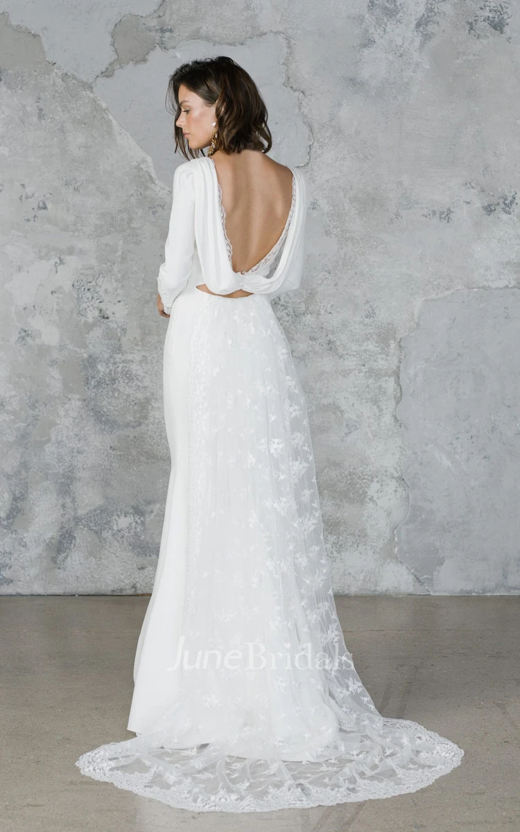 Sexy Chiffon and Tulle Long-Sleeve Bridal Gown with Deep-V Back