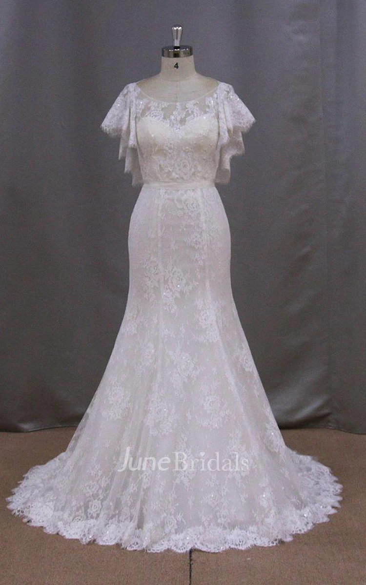 Bateau Neck Lace Mermaid Wedding Dress With Cape