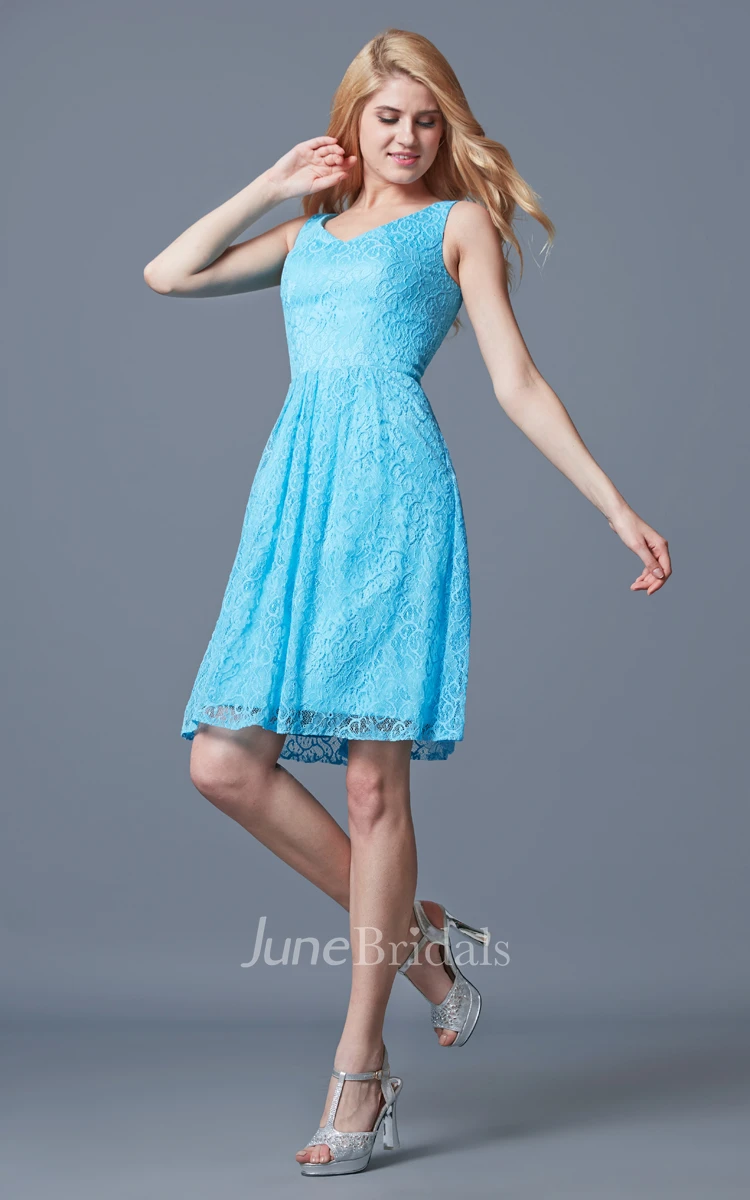 Fantastic Sleeveless V-neck Pleated Short Lace Dress