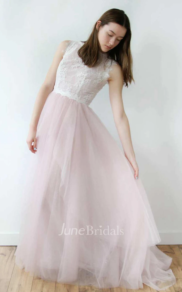 High Neck Sleeveless Tulle Floor-Length Dress With Lace Top