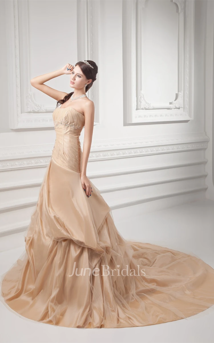 Strapless Pick-Up A-Line Ball Gown with Ruching and Beading