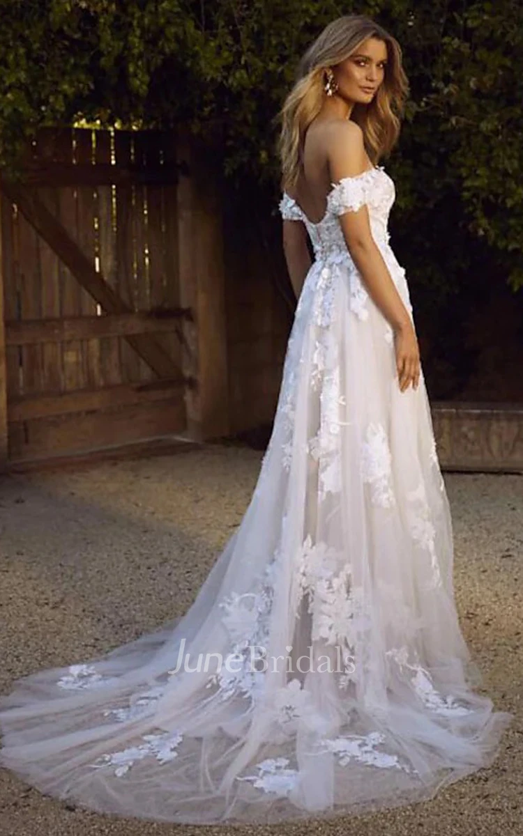 Casual A Line Floor-length Court Train Lace Tulle Off-the-shoulder Sleeveless Wedding Dress