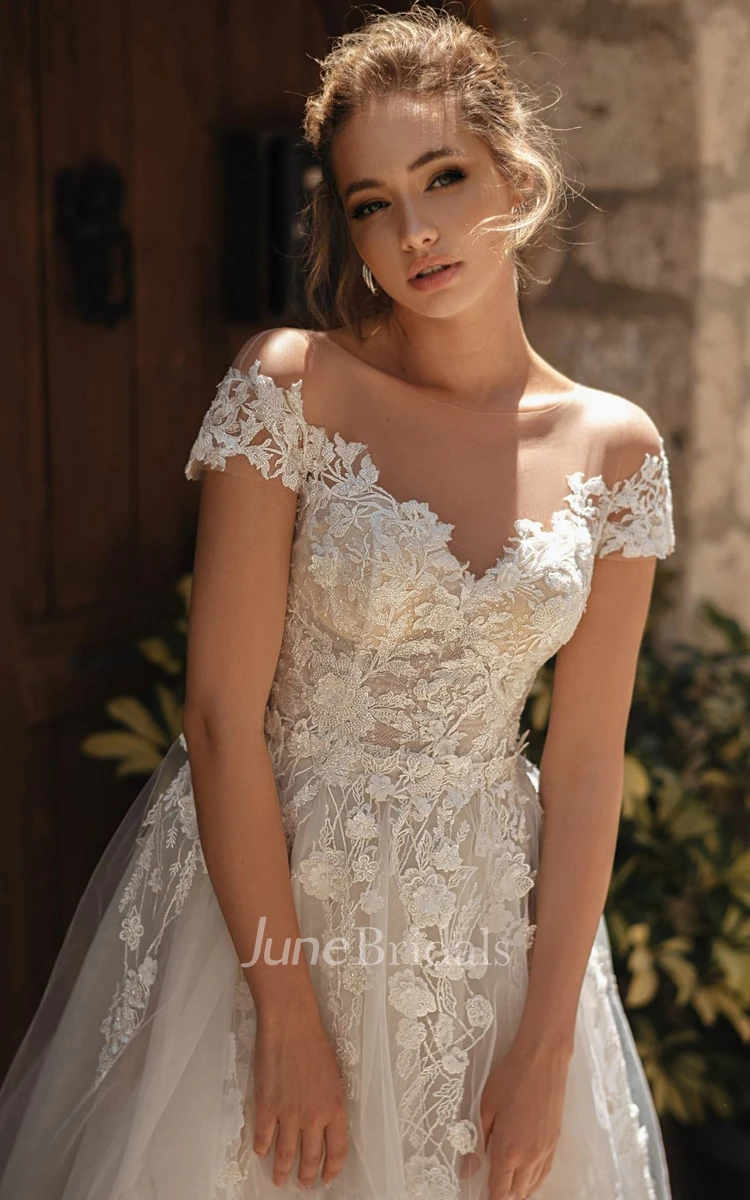 Sexy Off-the-shoulder Short Sleeve Sweep Train Floor-Length A Line Wedding Dress With Appliques