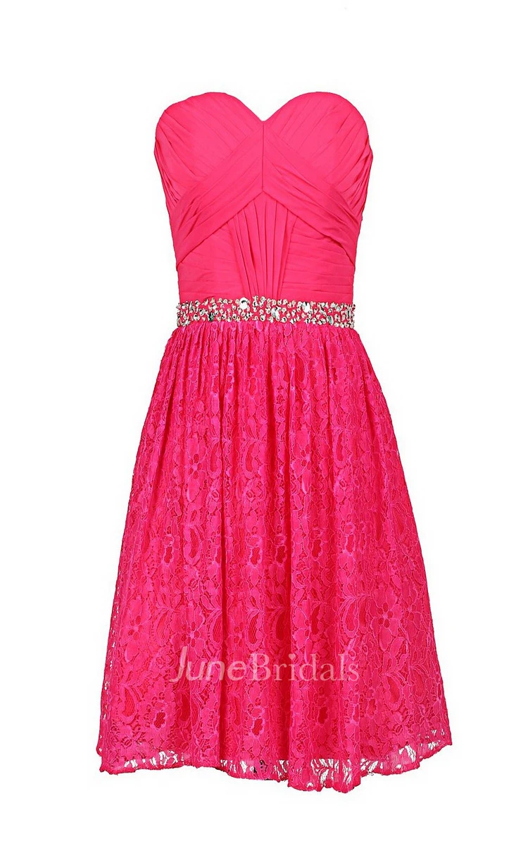 Sweetheart Short Dress With Beaded Waist and Lace