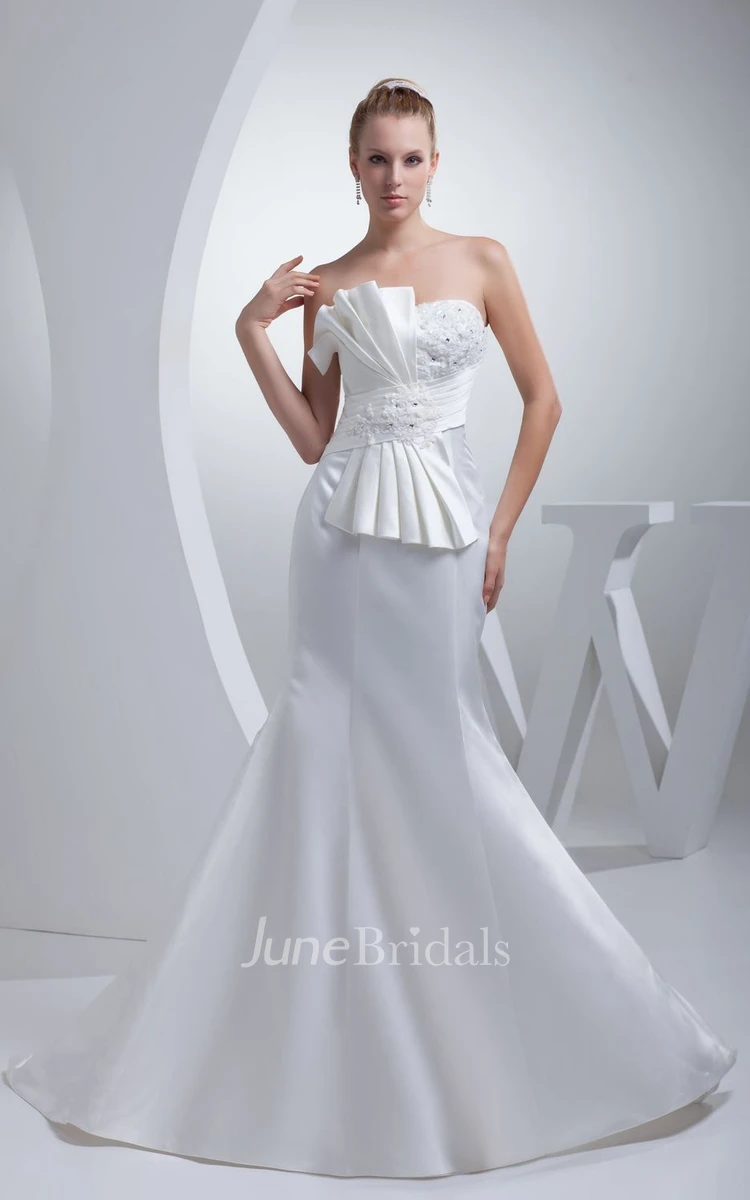 Satin Strapless Sheath Beaded Dress With Bow and Trumpet Silhouette