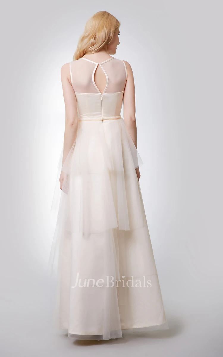 A-Line Floor Length Sleeveless Dress With Layered Skirt and Illusion Top