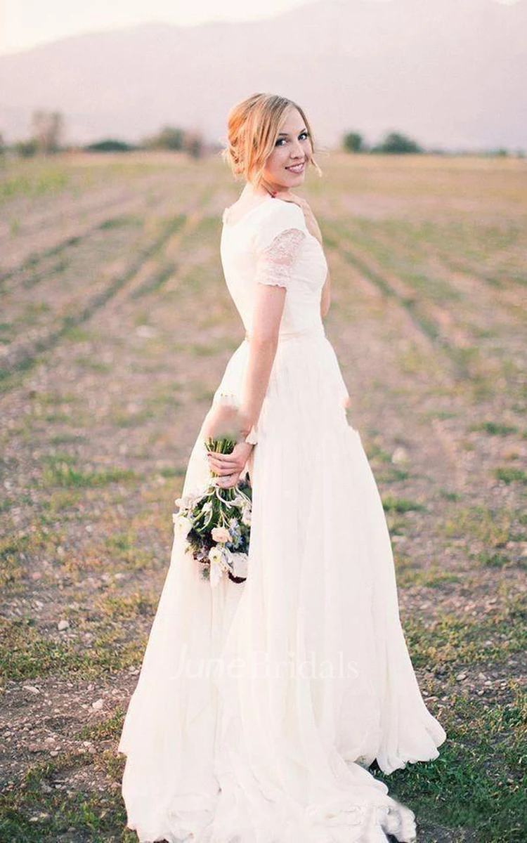 Simple Country A Line V Neck Short Sleeves Lace Wedding Gown - June Bridals