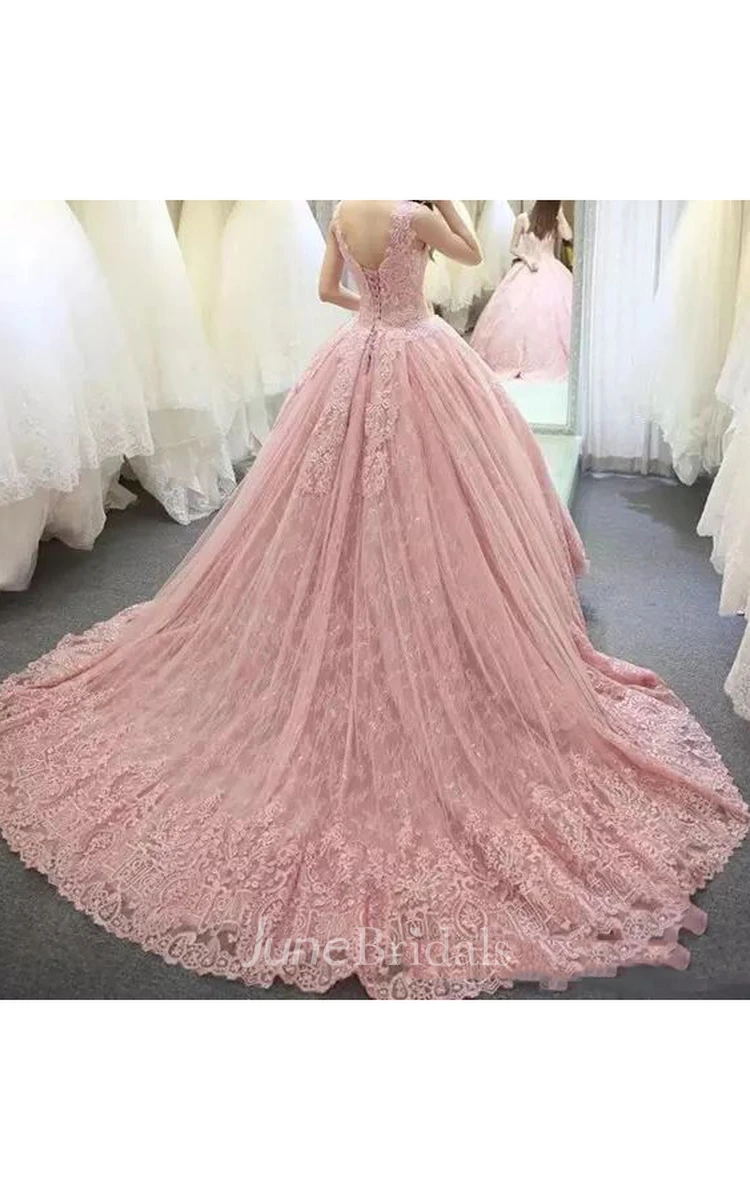 Ball Gown V-neck 3 4 Length Sleeve Lace Tulle Wedding Dress