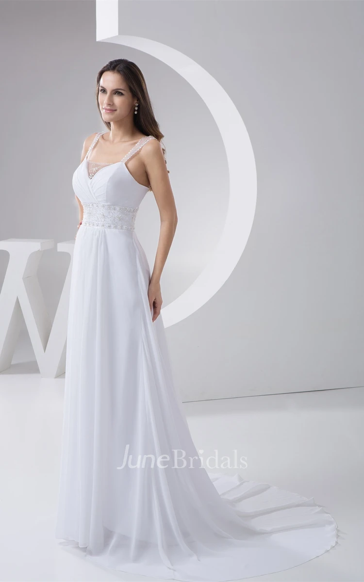 Chiffon Strapped Long Dress with Pleats and Jeweled Waist