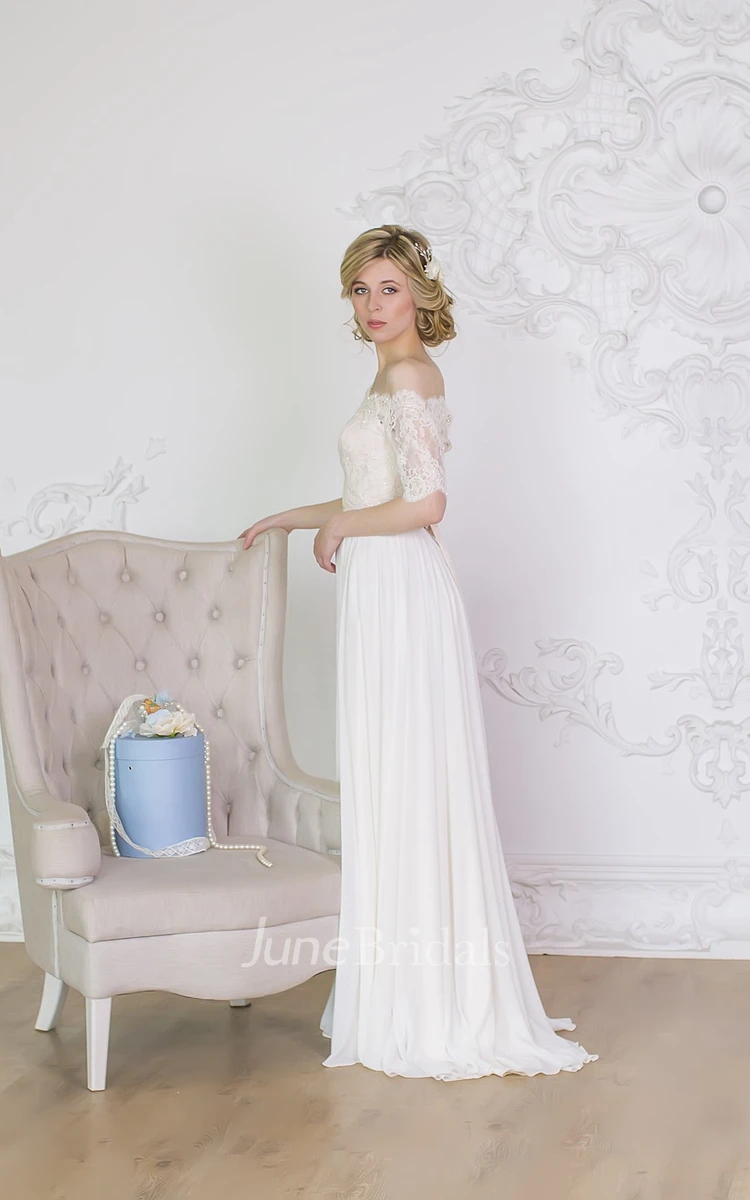 Off-the-shoulder A-line Chiffon Wedding Dress With Lace Bodice