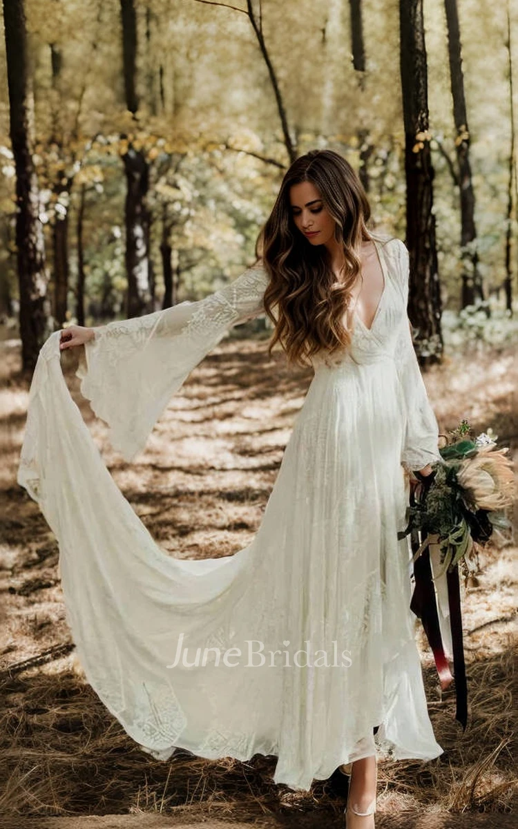 Simple Casual Long Sleeves Boho Lace Wedding Dress Vintage Country V-Neck Bridal Gown with Sweep Train