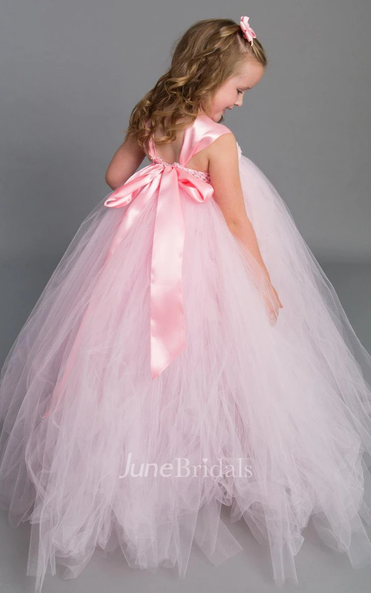 Empire Tulle Dress With Flower&Sash Ribbon