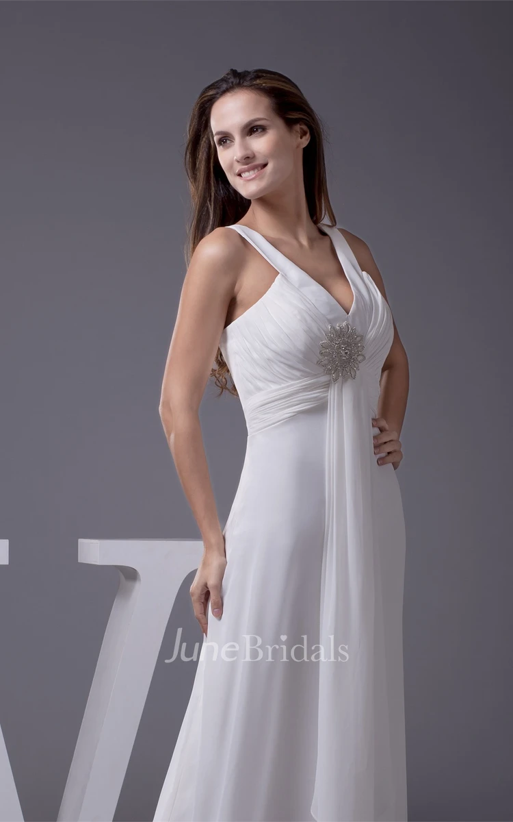 Strapless V-Neck A-Line Floor-Length Dress with Side Draping and Flowered Beadings