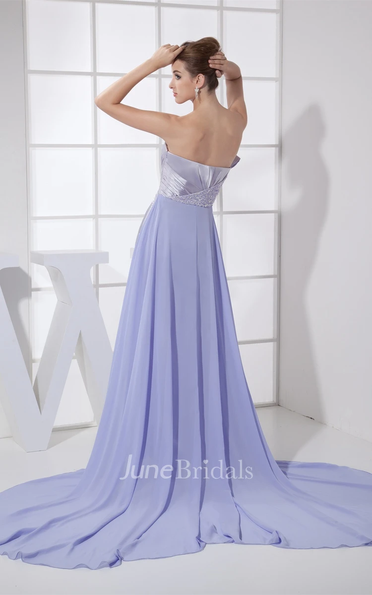 Layered Ruched Sweetheart Ankle-Length Satin Dress with Side Zipper and Beadings