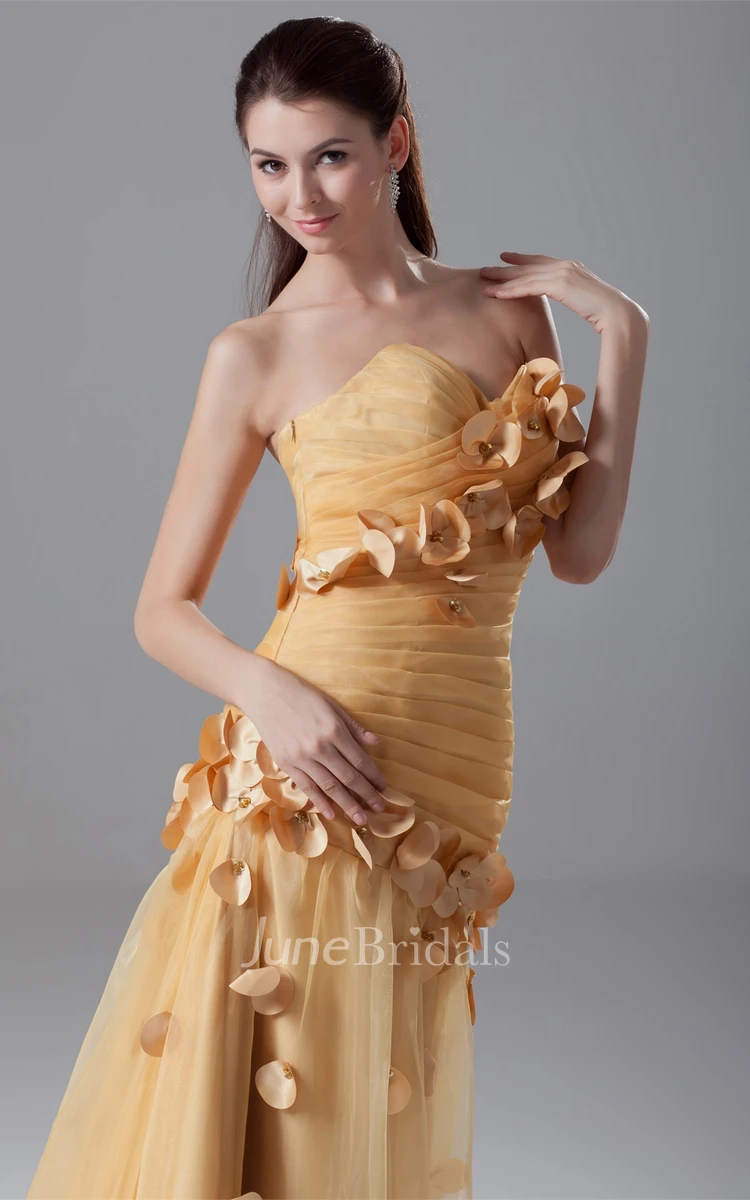 sweetheart tulle criss-cross dress with ruching and flower