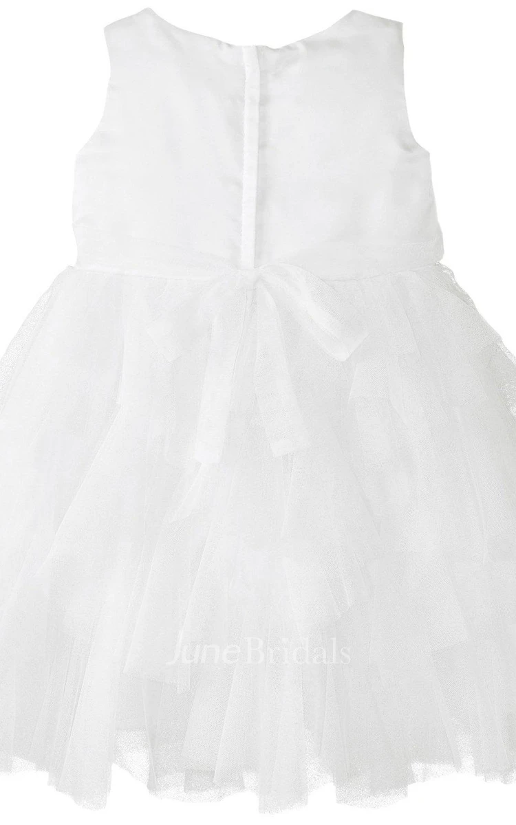 Sleeveless A-line Tulle Dress With Flowers and Bow