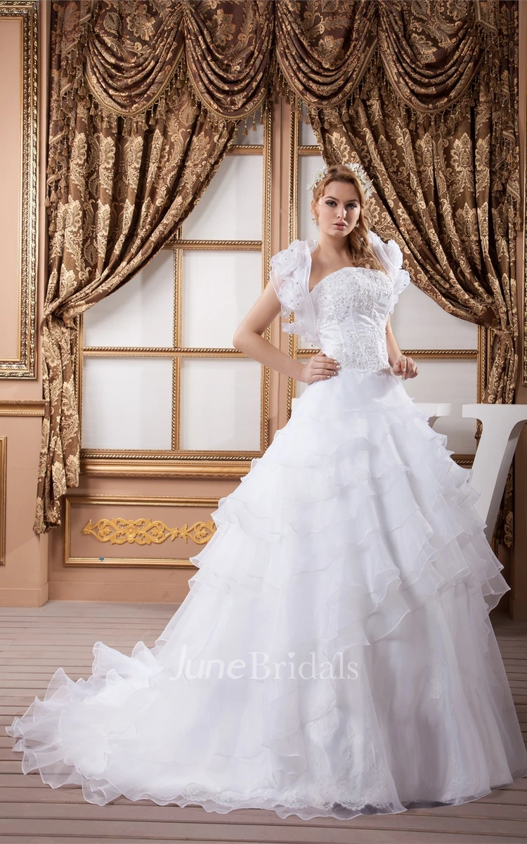 Beaded Strapless Ruffled Gown with Beading and Bolero