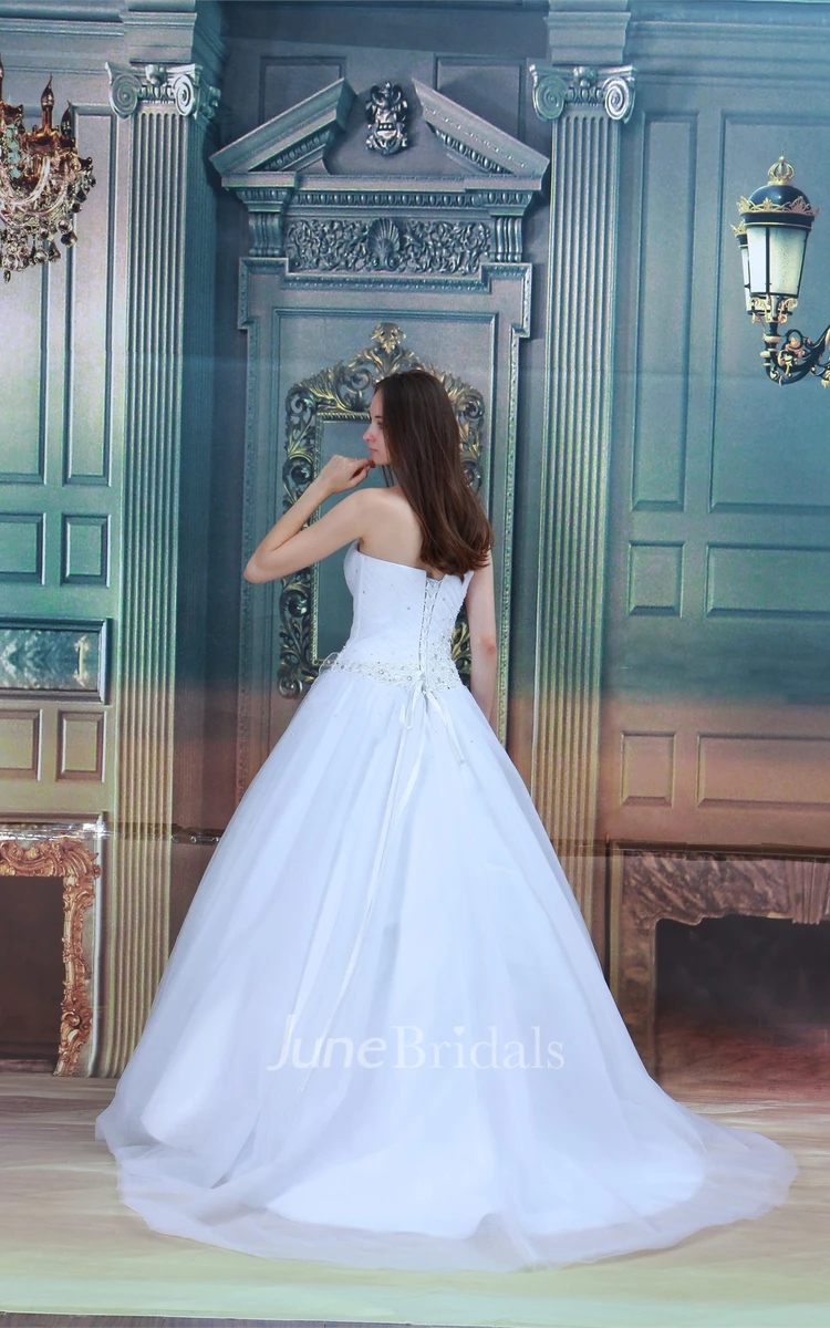 One-Shoulder Jeweled Ball Gown with Ruching and Flower