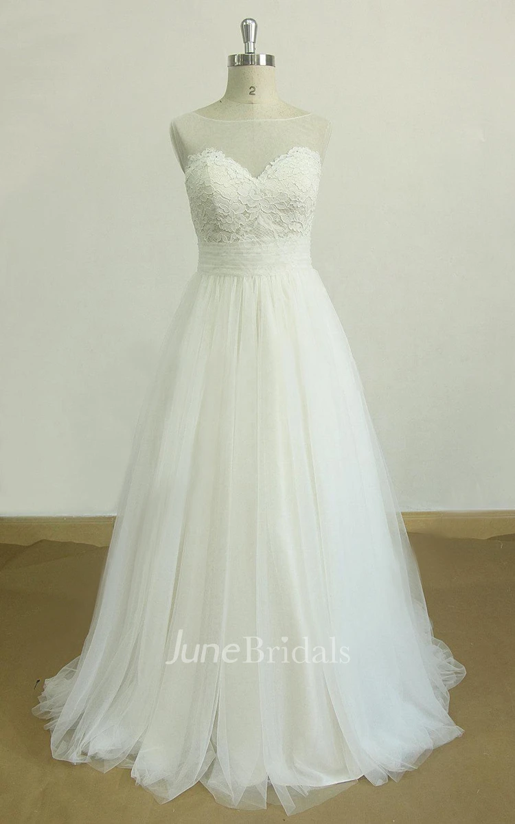 A-Line Tulle Sweetheart Lace Dress With Bow And Sweep Train