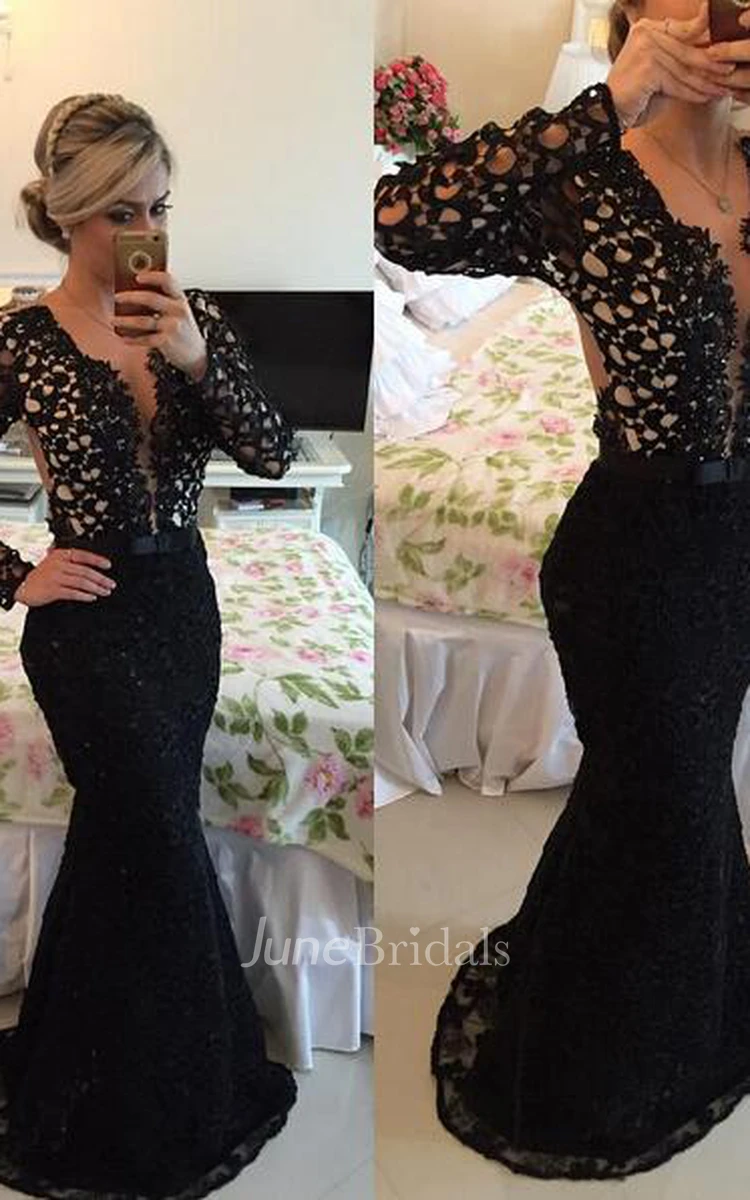 Newest V-neck Black Lace Mermaid Prom Dress Long Sleeve