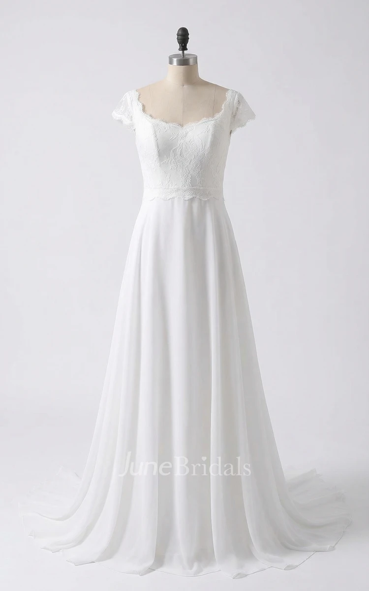 A-Line Cap Sleeve Lace Wedding Dress with Illusion Open Back for Country Occasions