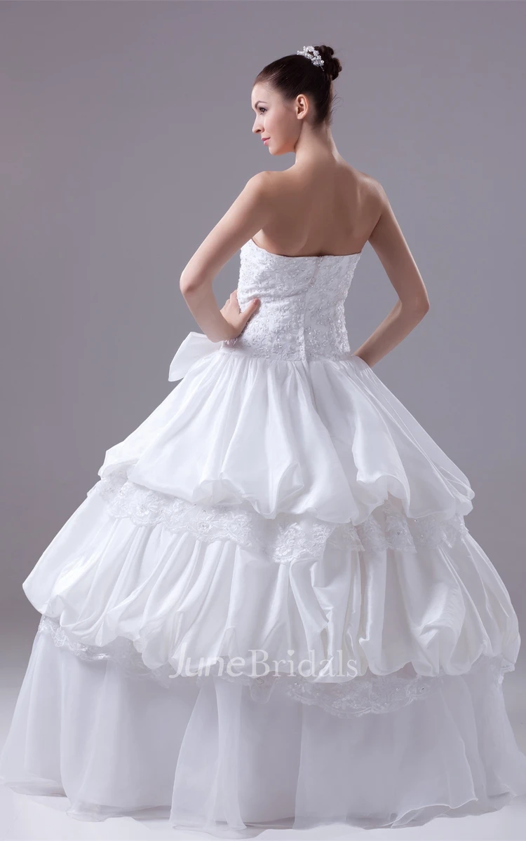 Strapless Pick-Up Tiered Ball Gown with Appliques and Bow