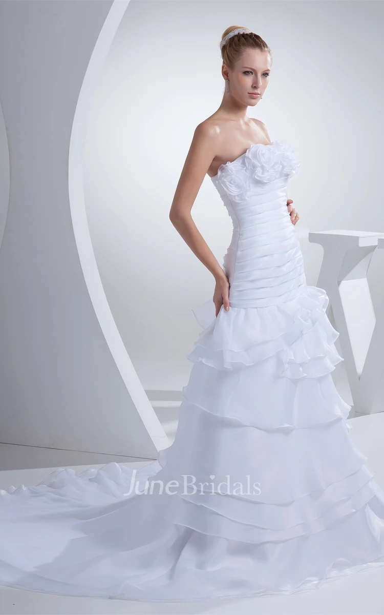 Strapless Ruched A-Line Dress with Tiers and Flower