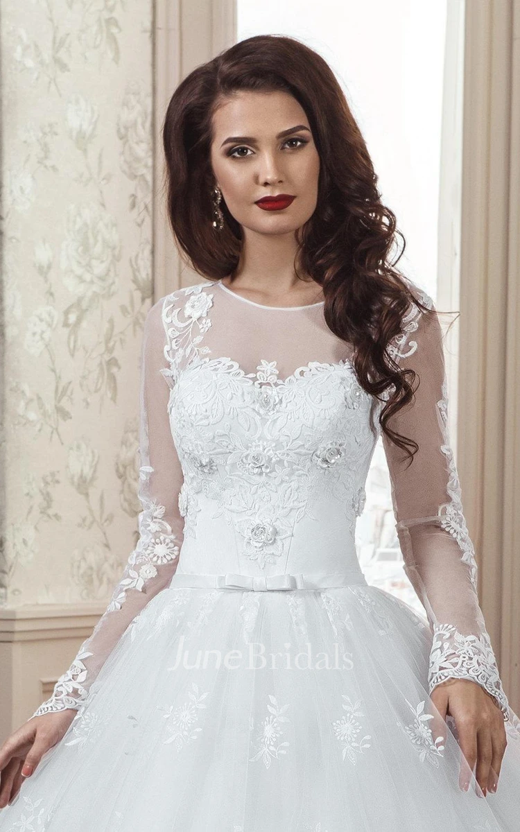 A-Line Long Sleeve Tulle Lace Dress With Flower Illusion Lace-Up Back
