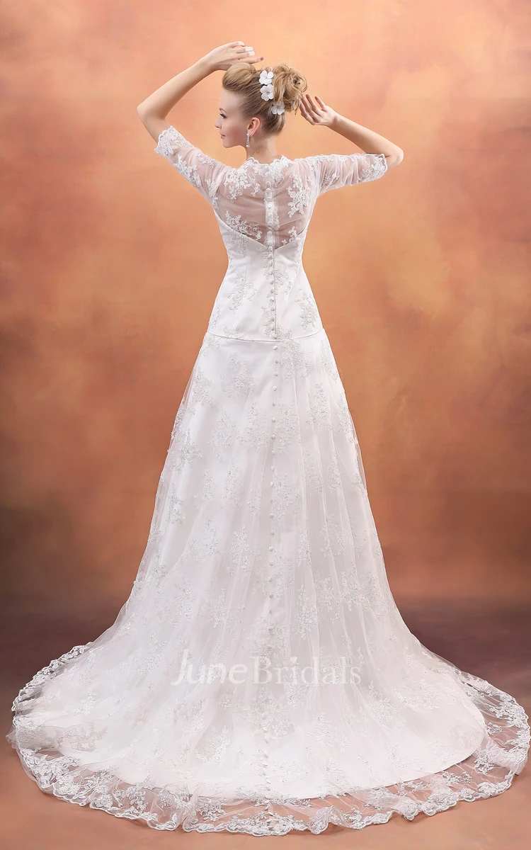 Half-Sleeve V-Neck Gown With Soft Tulle And Laces