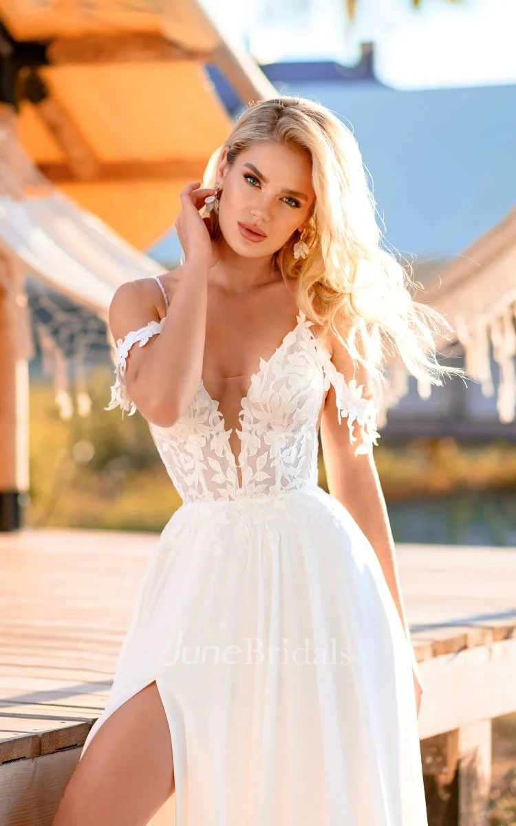 A-Line Sexy Deep V-Neck Chiffon Spaghetti And Off The Shoulder Strap Front Split Beach Wedding Dress With Applique