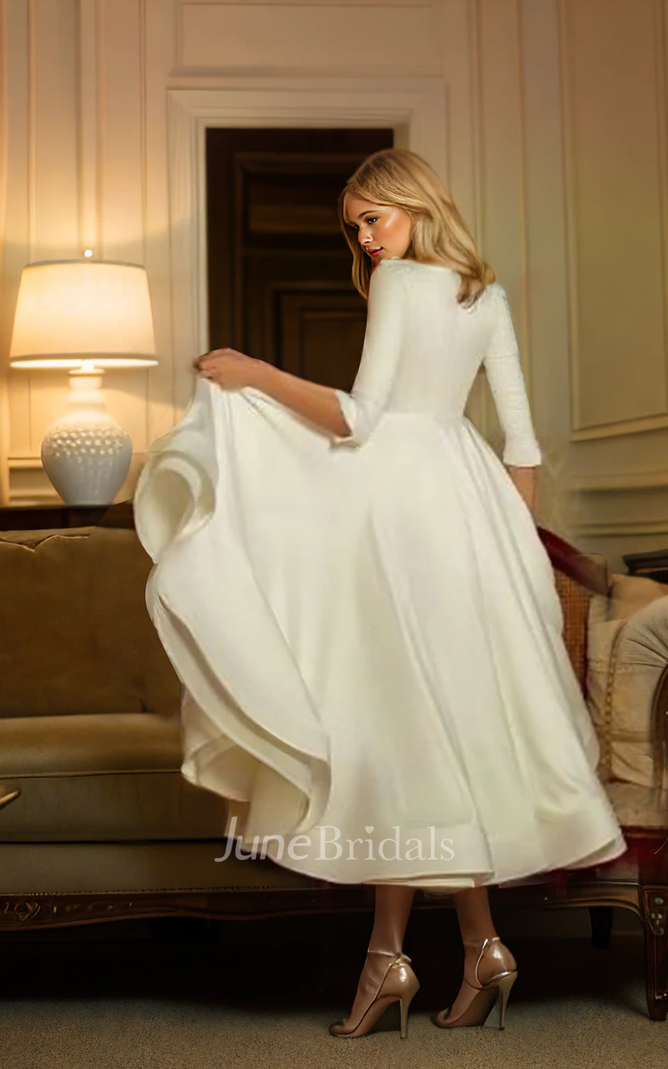 A-Line Long Sleeve V-neck Simple Casual Modest Tea-length Wedding Dress Gowns